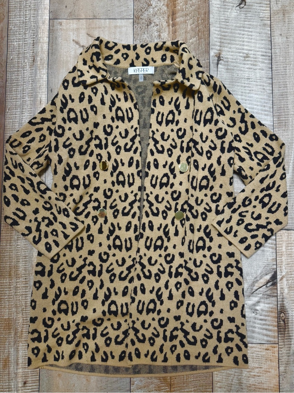 Kasper Leopard-Print Double-Breasted Blazer in Tan and Black